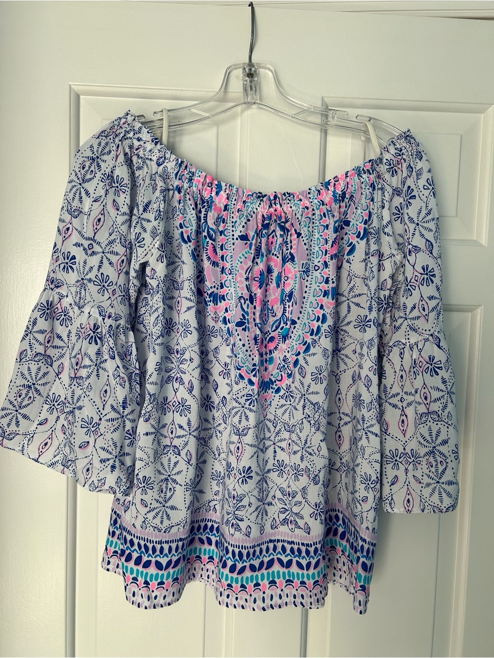 Lilly Pulitzer White Off-Shoulder Top with Pink and Navy Floral Print